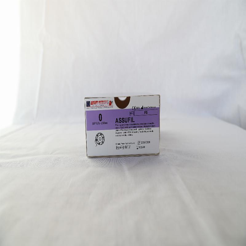 АССУФІЛ (полімер гліколевої кислоти) з покриттям, USP 8/0 фіолетова плетена нитка 45 см, шпательна голка 6 мм, 3/8 кола